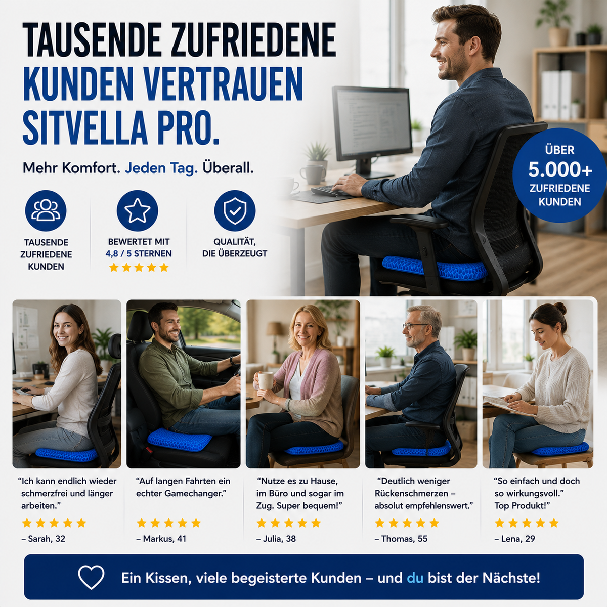 Sitvella Pro – Atmungsaktives Waben-Sitzkissen für mehr Sitzkomfort