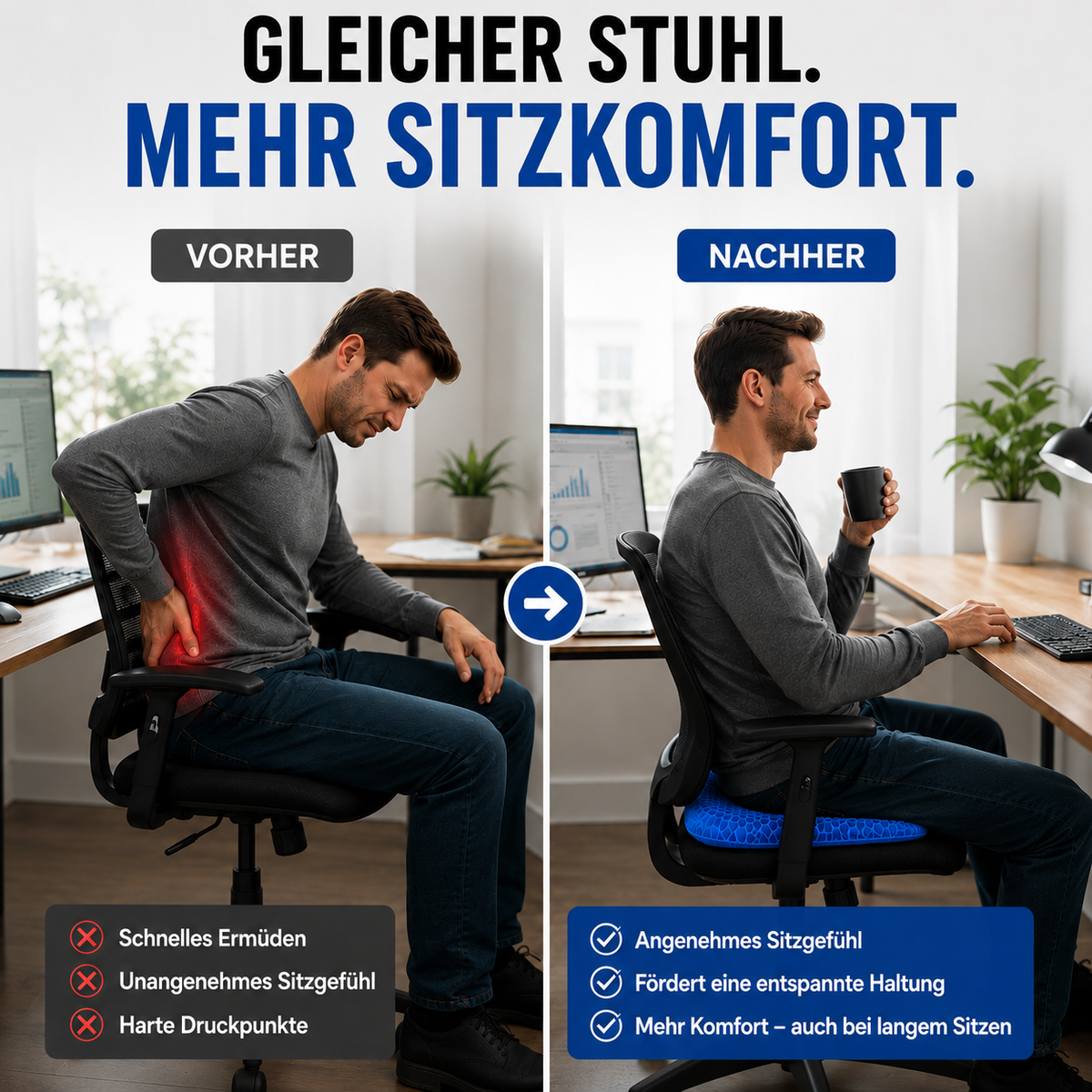 Sitvella Pro – Atmungsaktives Waben-Sitzkissen für mehr Sitzkomfort