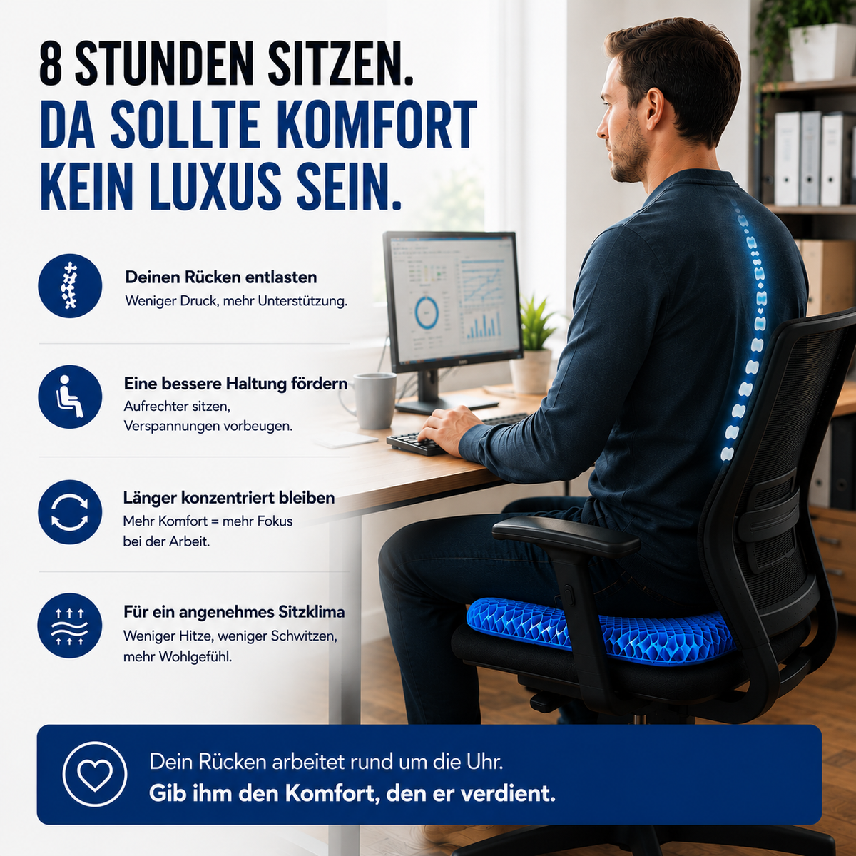 Sitvella Pro – Atmungsaktives Waben-Sitzkissen für mehr Sitzkomfort