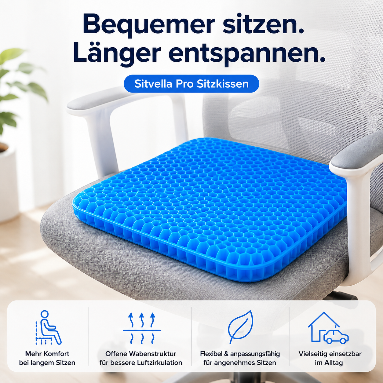 Sitvella Pro – Atmungsaktives Waben-Sitzkissen für mehr Sitzkomfort